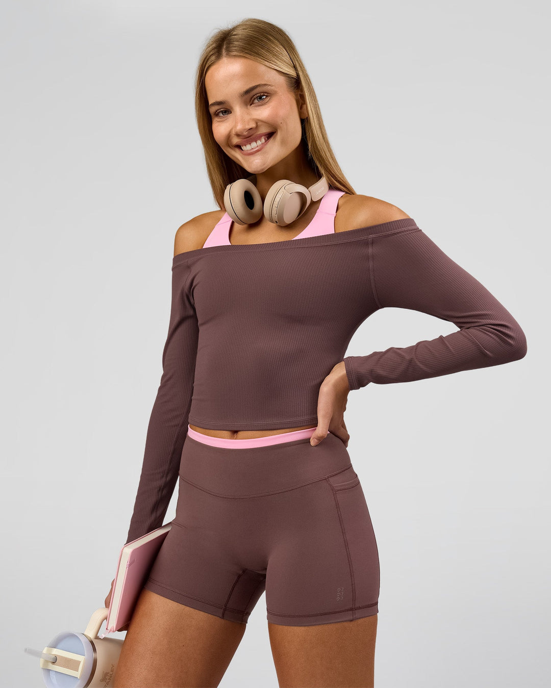 Woman wearing Bree Bardot Long Sleeve Top - Cocoa Powder | Model:Taneisha | Size:XS - view 13