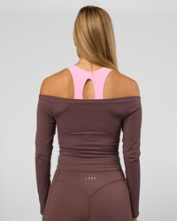 Woman wearing Bree Bardot Long Sleeve Top - Cocoa Powder | Model:Taneisha | Size:XS | Thumbnail Index: 1
