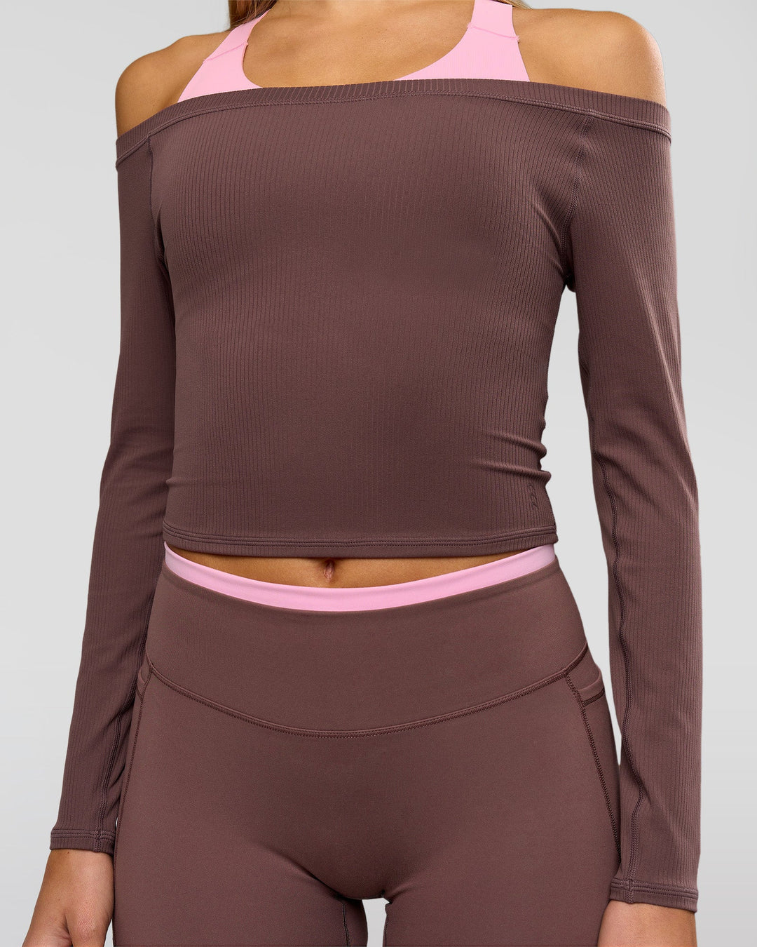 Woman wearing Bree Bardot Long Sleeve Top - Cocoa Powder | Model:Taneisha | Size:XS - view 6