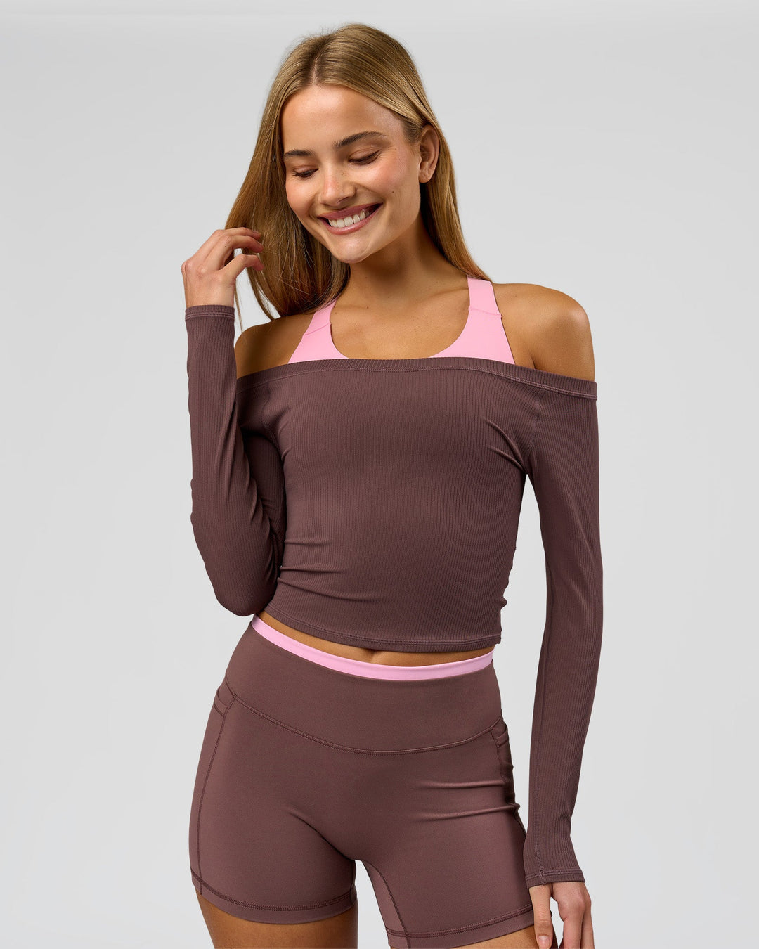 Woman wearing Bree Bardot Long Sleeve Top - Cocoa Powder | Model:Taneisha | Size:XS - view 10