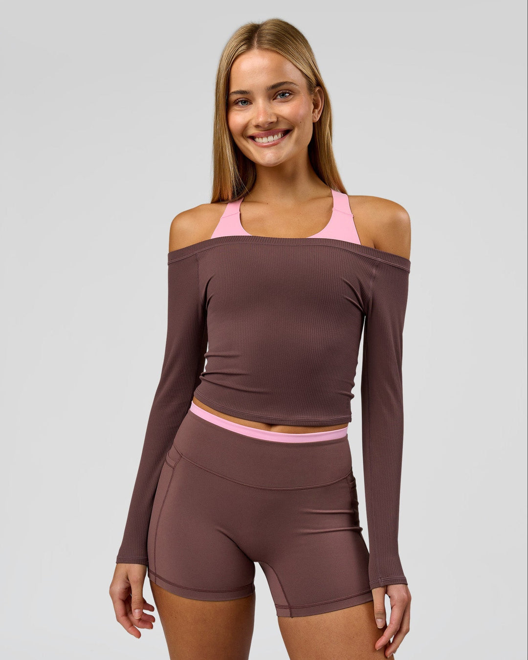 Woman wearing Bree Bardot Long Sleeve Top - Cocoa Powder | Model:Taneisha | Size:XS - view 1