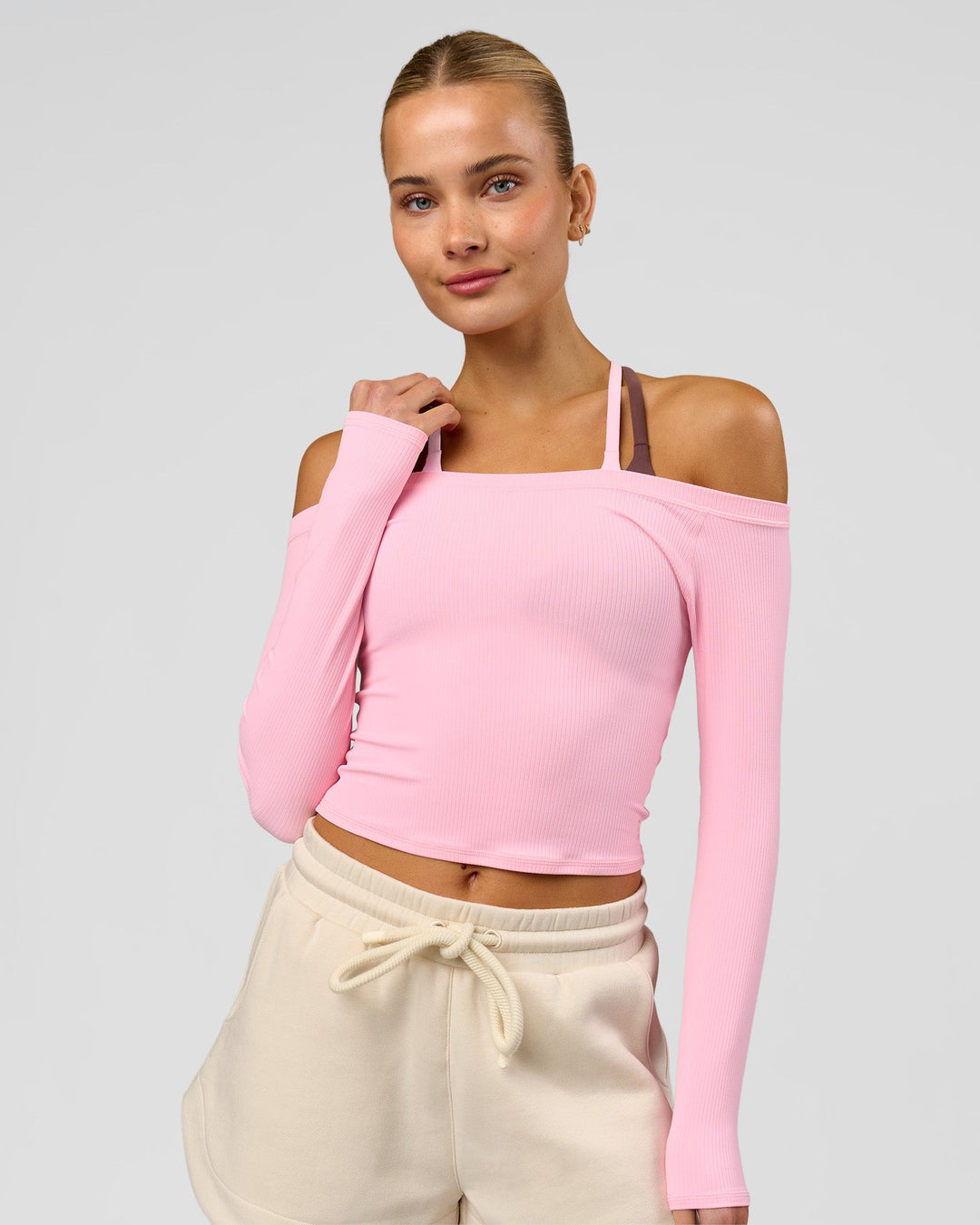 Woman wearing Bree Bardot Long Sleeve Top - Pink Rose | Model:Taneisha | Size:XS - view 1