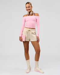 Woman wearing Bree Fleece Track Short - Vanilla Bean | Model:Taneisha | Size:XS | Thumbnail Index: 5