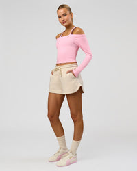 Woman wearing Bree Fleece Track Short - Vanilla Bean | Model:Taneisha | Size:XS | Thumbnail Index: 12