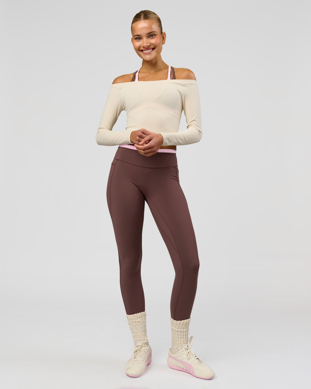 Woman wearing Bree Fusion High-Rise Full Length Legging Pockets - Cocoa Powder-Pink Rose | Model:Taneisha | Size:XS - view 6
