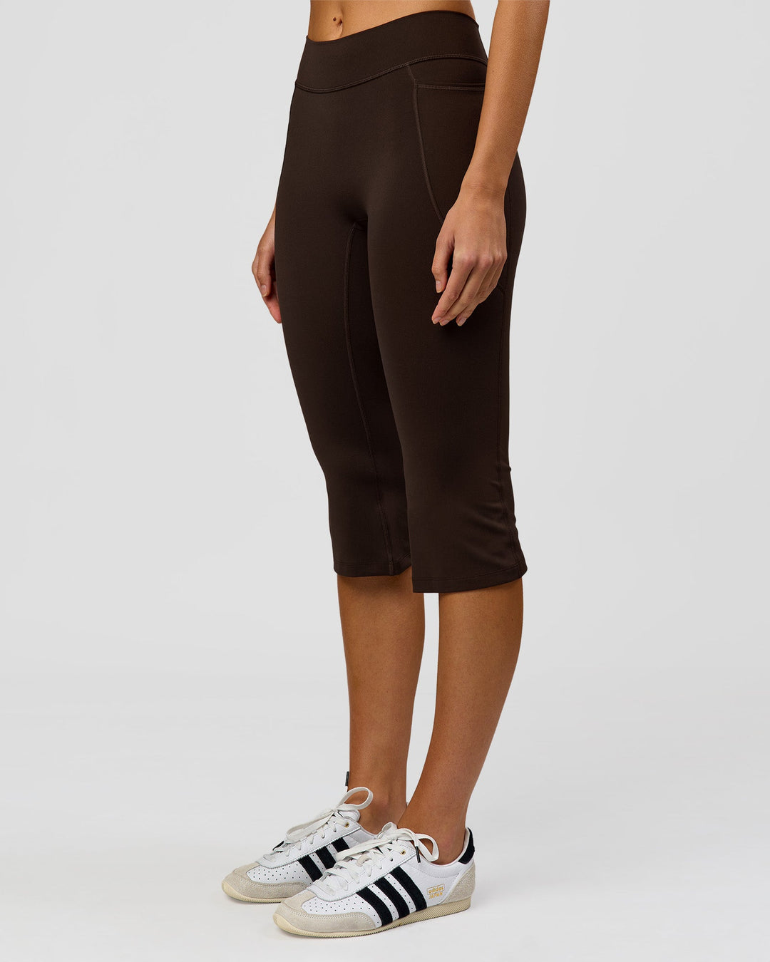 Woman wearing Deep V-Contour High-Rise Flared Capri - Ground Coffee | Model:Taneisha | Size:XS - view 5