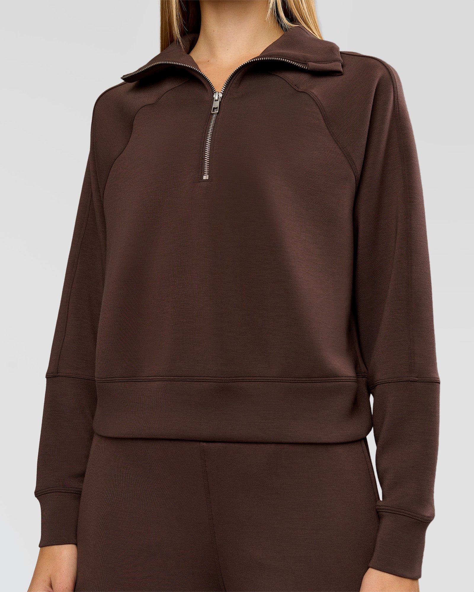Woman wearing Elevate SoftTouch 1/2 Zip Sweater - Hot Chocolate | Model:Taneisha | Size:XS