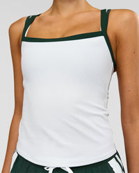 Woman wearing Flame Ribbed Regular Length Tank - White-Midnight Green | Model:Taneisha | Size:XS | Thumbnail Index: 1