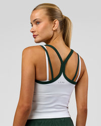 Woman wearing Flame Ribbed Regular Length Tank - White-Midnight Green | Model:Taneisha | Size:XS | Thumbnail Index: 3