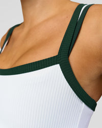 Woman wearing Flame Ribbed Regular Length Tank - White-Midnight Green | Model:Taneisha | Size:XS | Thumbnail Index: 9