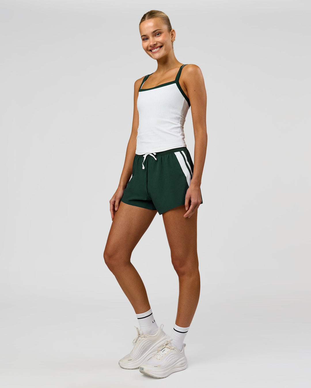 Woman wearing Flame Ribbed Regular Length Tank - White-Midnight Green | Model:Taneisha | Size:XS - view 11