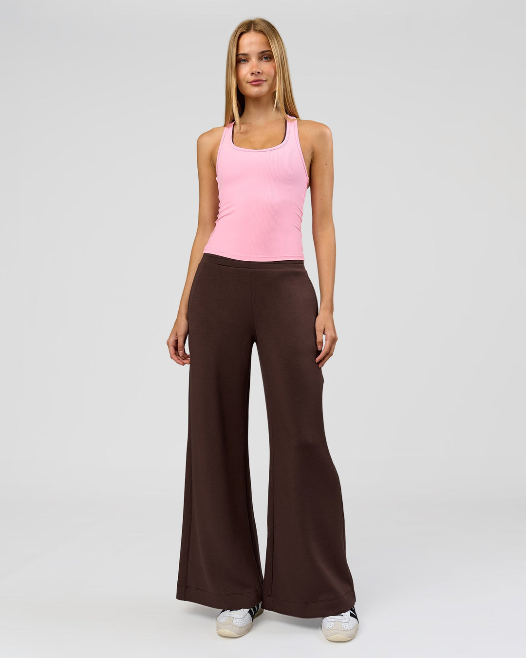 Woman wearing Flow Rib Scoop Neck Tank - Pink Rose | Model:Taneisha | Size:XS - view 5