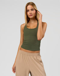 Woman wearing Flow Rib Scoop Neck Tank - Pure Olive | Model:Taneisha | Size:XS | Thumbnail Index: 6
