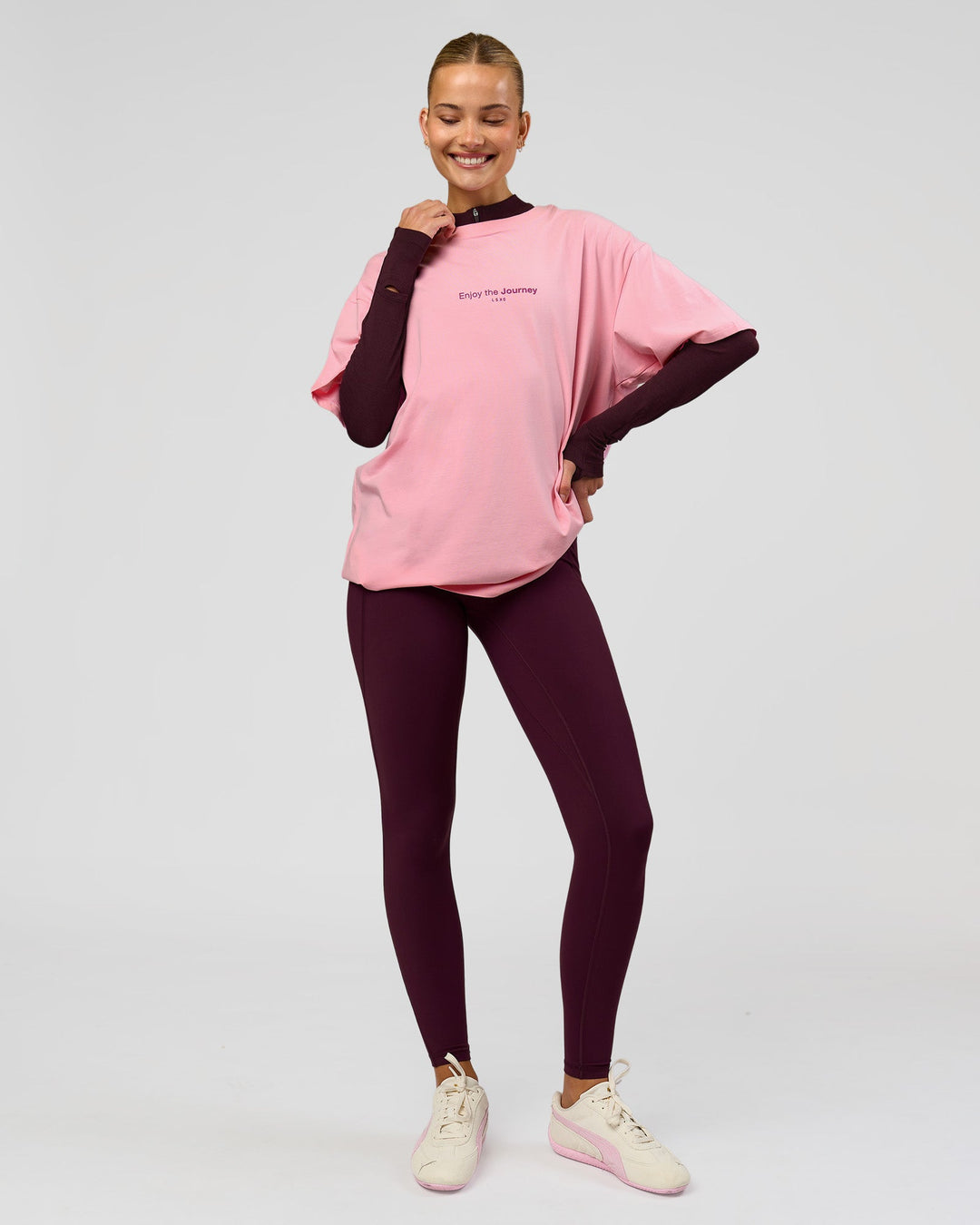 Woman wearing Fusion V-Contour Ultra High-Rise Full Length Legging Pockets - Cherry Lacquer | Model:Taneisha | Size:XS - view 3