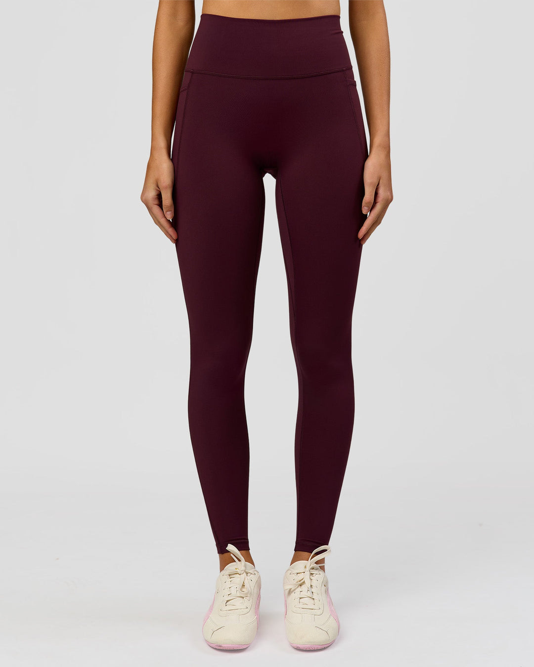 Woman wearing Fusion V-Contour Ultra High-Rise Full Length Legging Pockets - Cherry Lacquer | Model:Taneisha | Size:XS - view 5