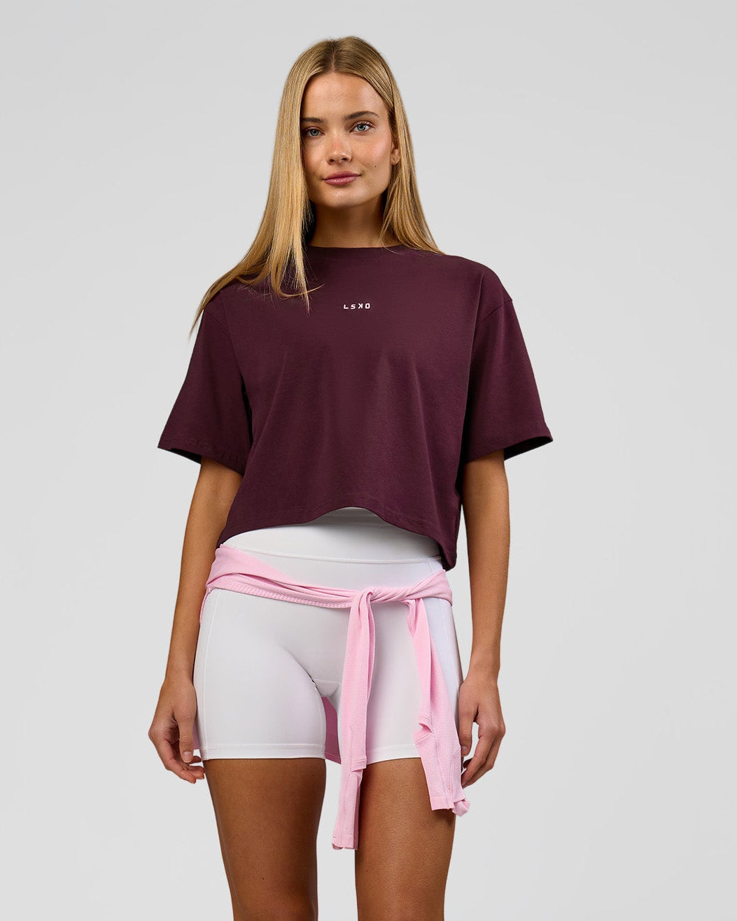 Woman wearing Go-To Heavyweight FlxCotton Skimmer Tee - Cherry Lacquer-White | Model:Taneisha | Size:XS - view 5