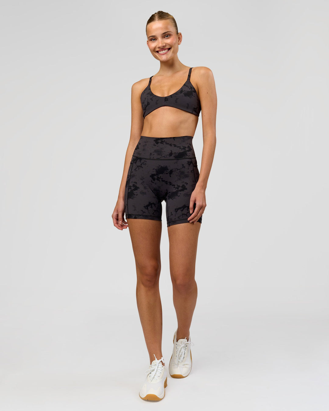 Woman wearing Minimal Sports Bra - Black Tie Dye | Model:Taneisha | Size:XS - view 6