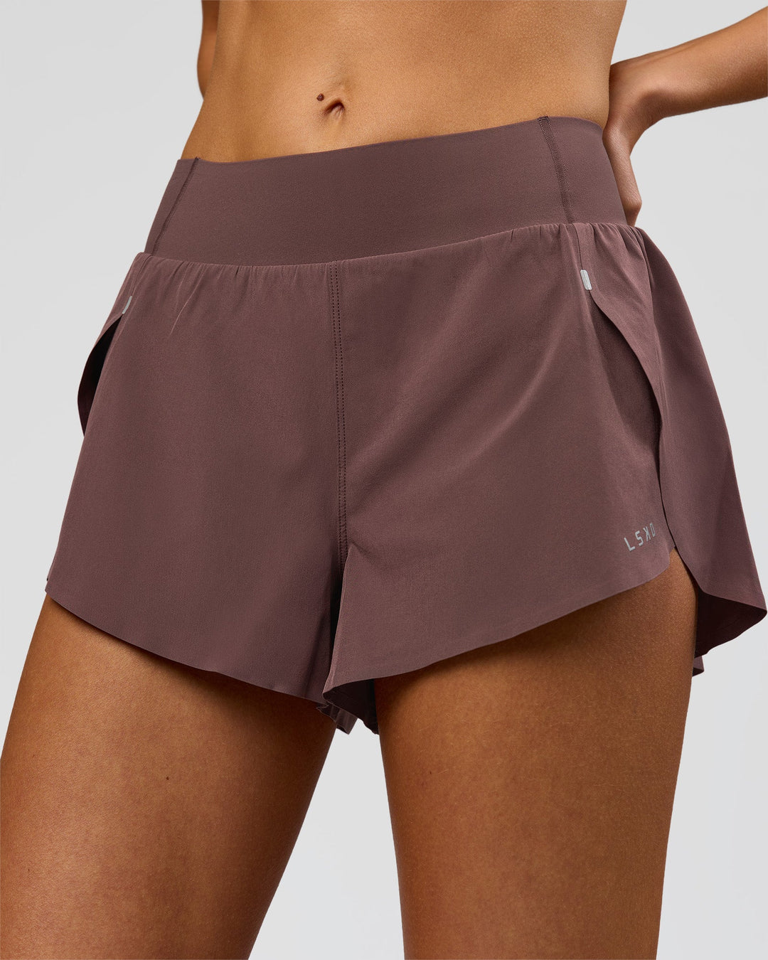 Woman wearing Pacer 3" Run Short - Cocoa Powder | Model:Taneisha | Size:XS - view 1