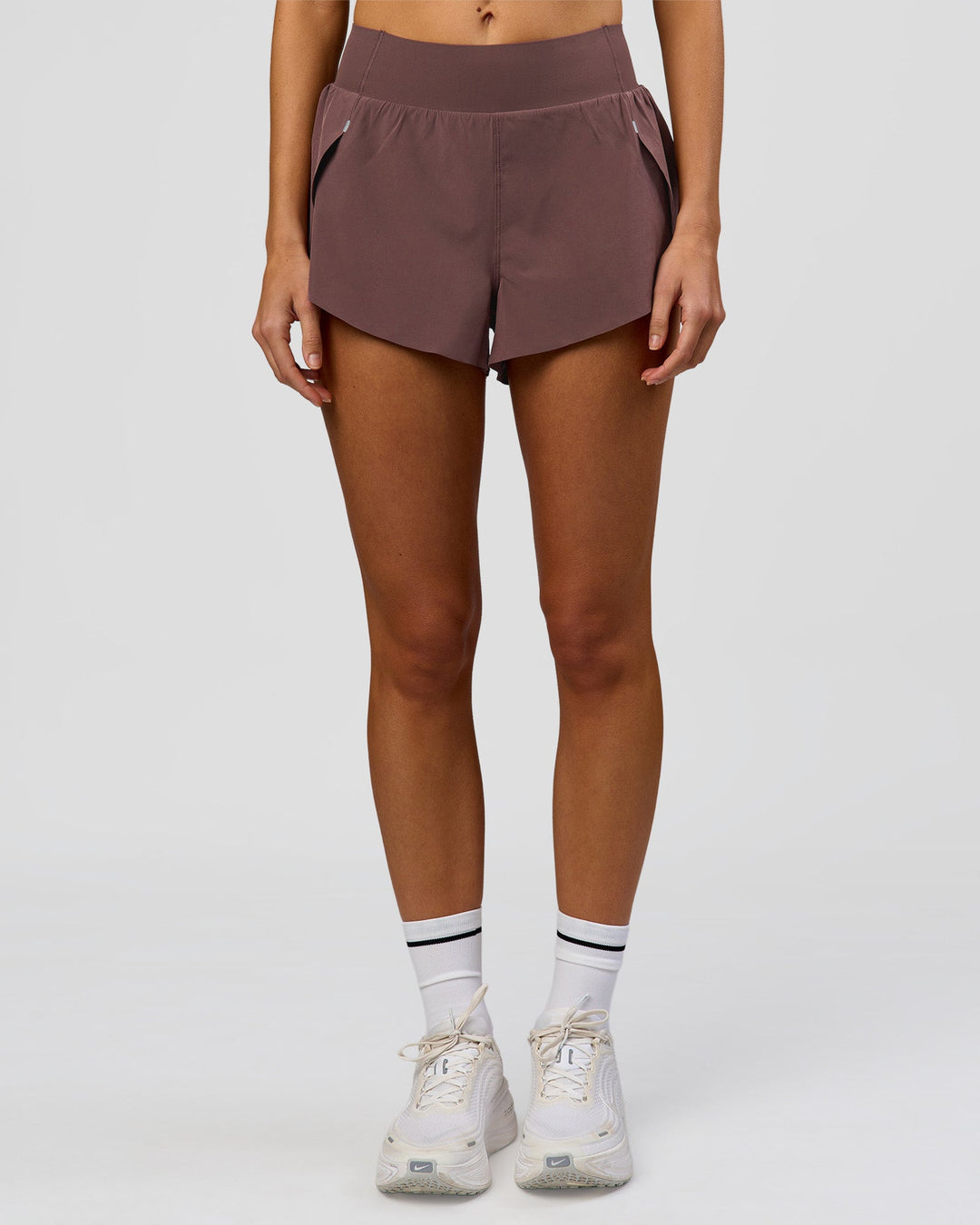 Woman wearing Pacer 3" Run Short - Cocoa Powder | Model:Taneisha | Size:XS - view 6