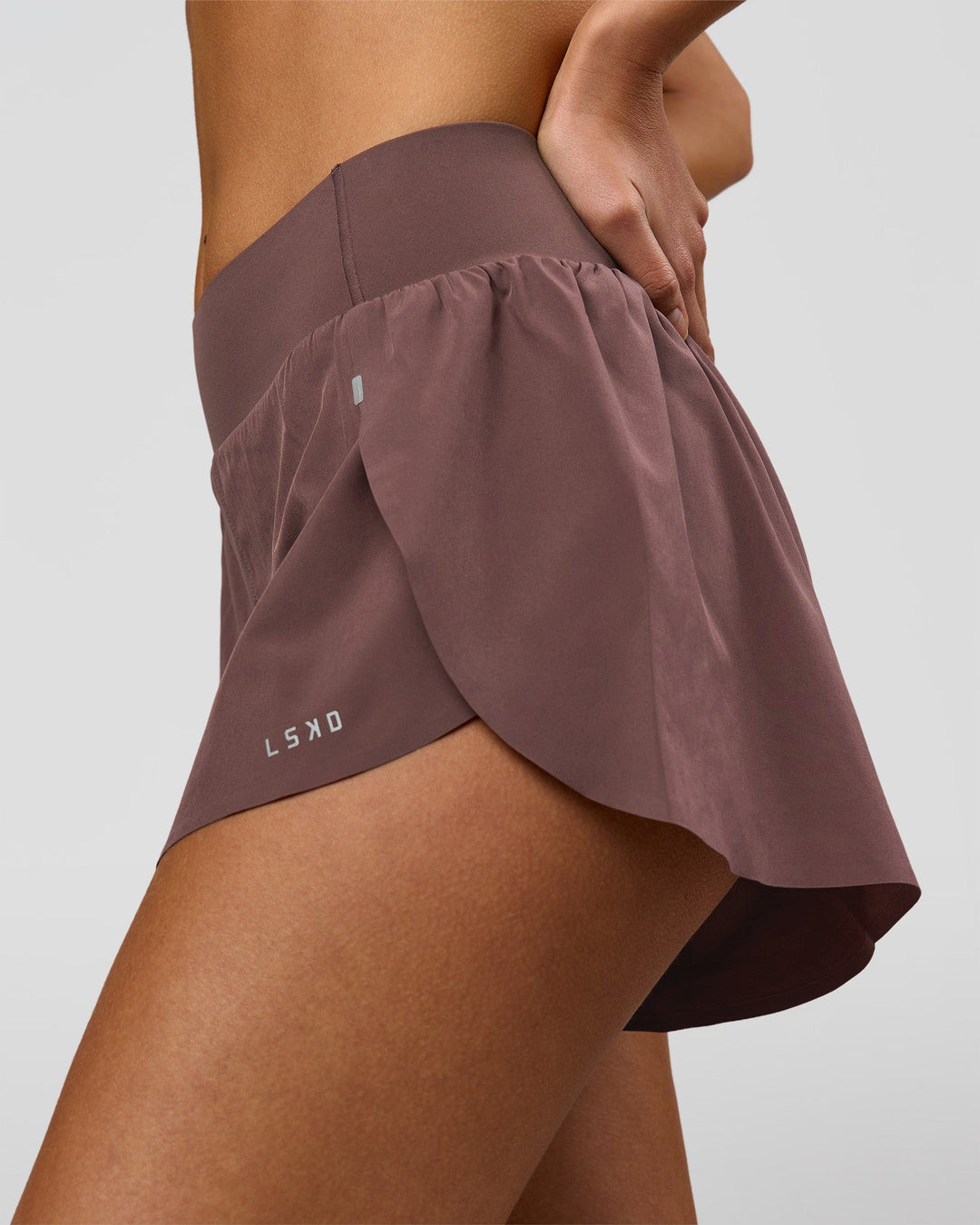 Woman wearing Pacer 3" Run Short - Cocoa Powder | Model:Taneisha | Size:XS - view 13