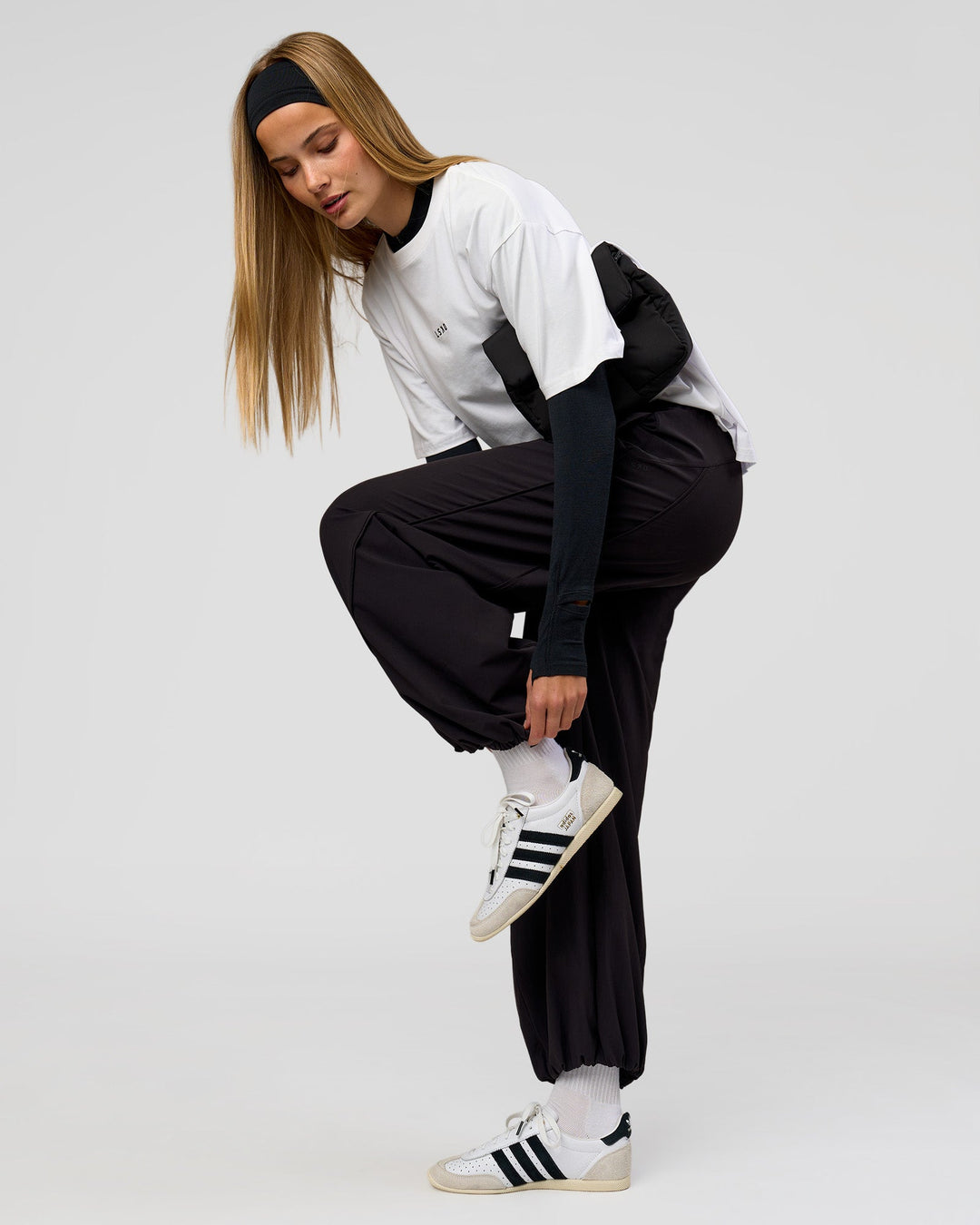 Woman wearing Stitch Up Track Pant - Black | Model:Taneisha | Size:XS - view 9