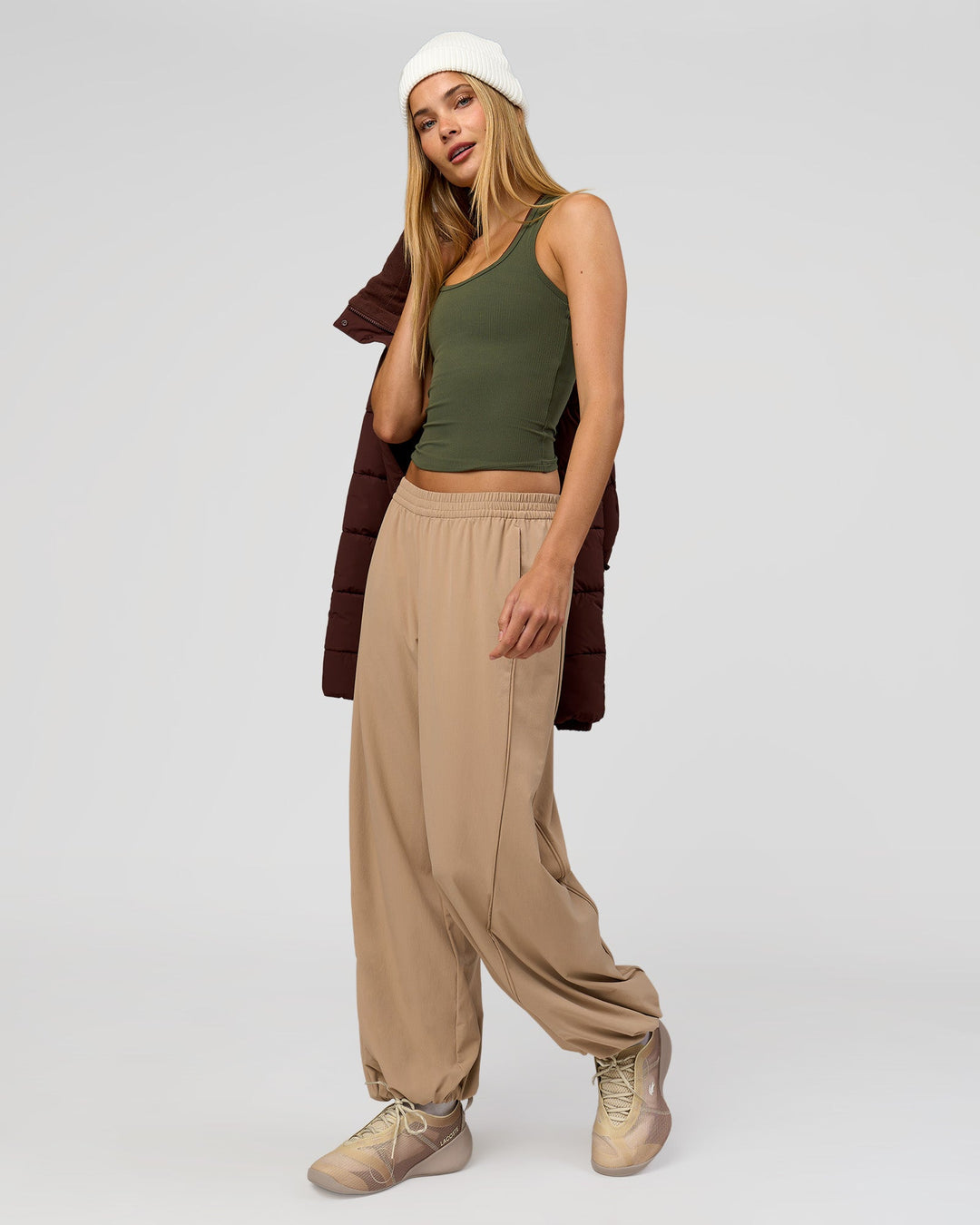 Woman wearing Stitch Up Track Pant - Warm Smoke | Model:Taneisha | Size:XS - view 7