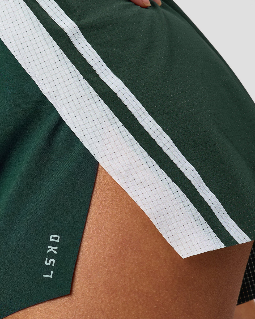 Woman wearing Trackline Accelerate 3" High-Rise Running Short - Midnight Green-White | Model:Taneisha | Size:XS - view 15
