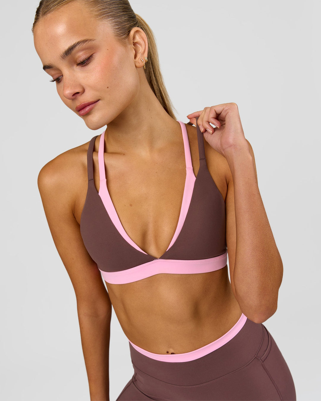 Woman wearing Velocity Bralette Sports Bra - Cocoa Powder-Pink Rose | Model:Taneisha | Size:XS - view 3