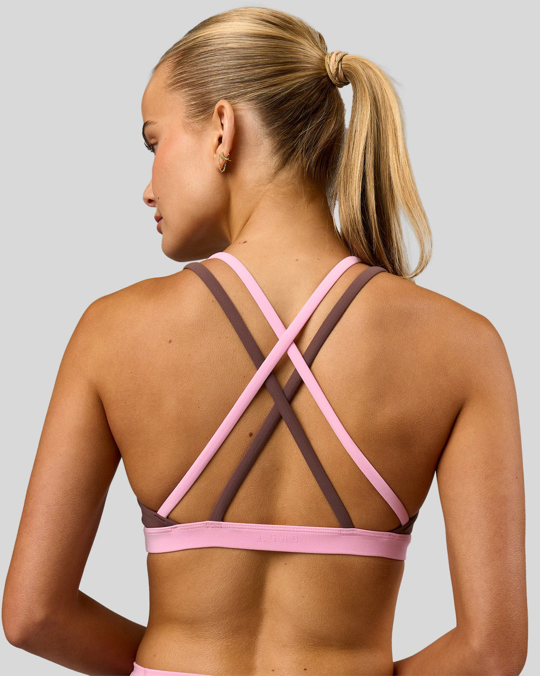 Woman wearing Velocity Bralette Sports Bra - Cocoa Powder-Pink Rose | Model:Taneisha | Size:XS - view 2