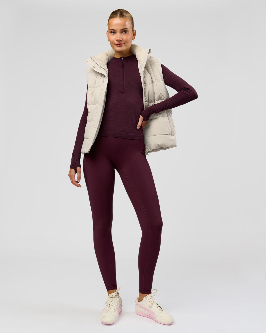 Woman wearing AeroFLX+ Long Sleeve Half Zip - Cherry Lacquer/Cherry Laquer | Model:Taniesha | Size:XS - view 8
